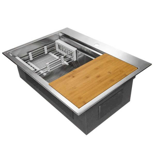 AKDY Handmade 32-in x 22-in Stainless Steel Single Bowl Drop-In 1-Hole Residential Kitchen Sink All-in-One Kit, #6358 on Sale - Image 2